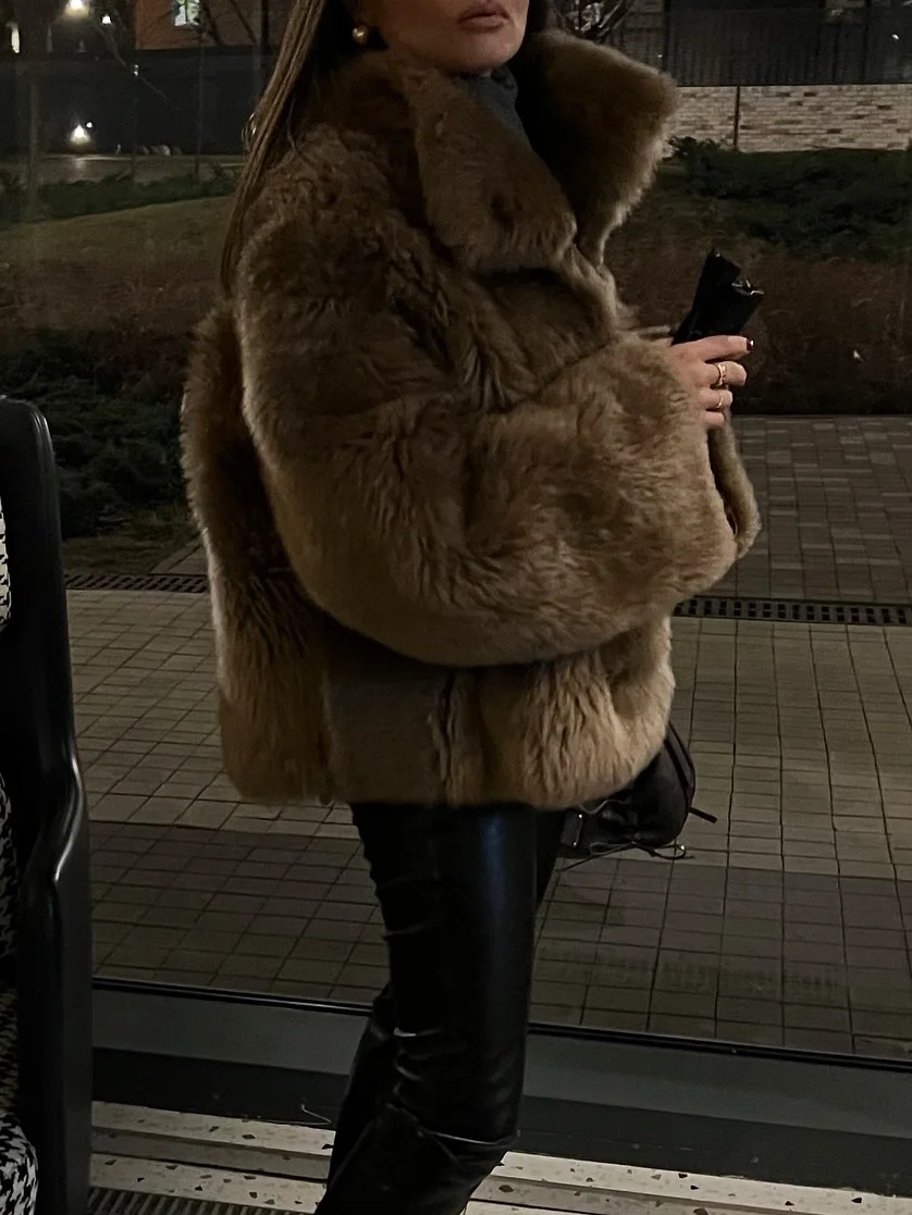

2025 зимние женские пальто из искусственного меха, модные короткие куртки с воротником-стойкой, теплая уличная женская коричневая верхняя одежда с длинными рукавами