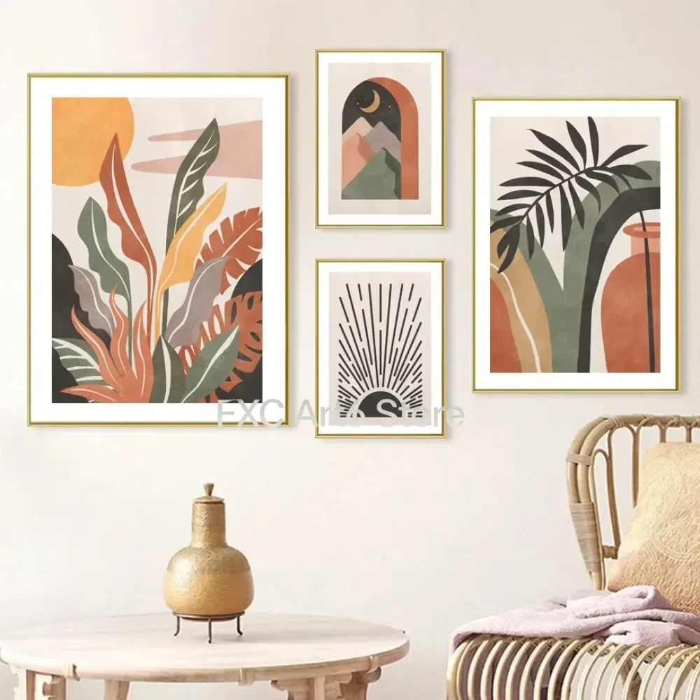 1PCS frameless Arte de pared con paisaje de arcoíris, hojas bohemias, sol, Luna, pintura en lienzo, carteles nórdicos para decor