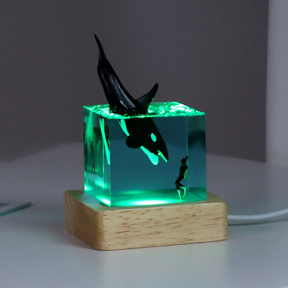 Cubo de resina para decoración de mesa, lámpara de arte creactivo, ballena, Delfín, tiburón, tema de luz nocturna, carga USB, 7 colores, 5cm