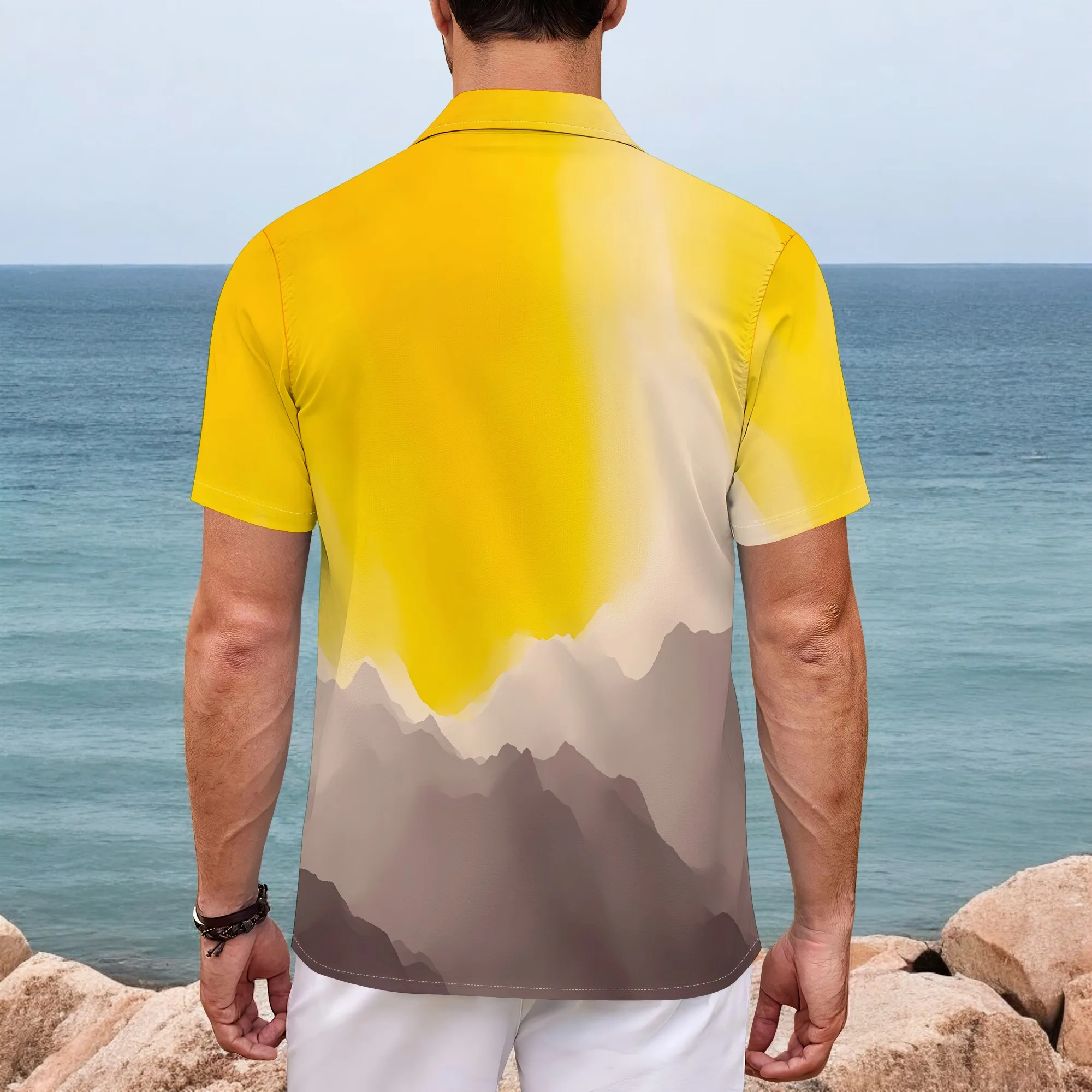 YEAE Gradient Mountain Pattern Shirt for Men Summer Casual Short Sleeve Top