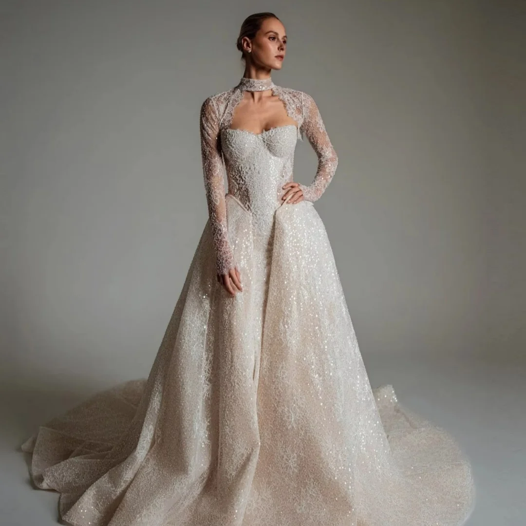 Galactic Customized Luxury Appliques Lace Vestido De Novia Long Sleeves High Collar Wedding Dress Mermaid Backless Bridal Gowns