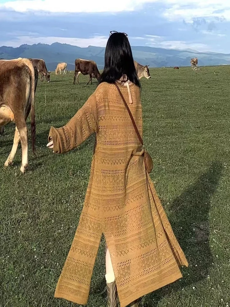 سترة نسائية محبوكة مفتوحة من Travel Sle مجوفة طويلة Sve V-Ne متوسطة الطول فضفاضة تناسب ملابس خارجية عصرية للعطلات... #1