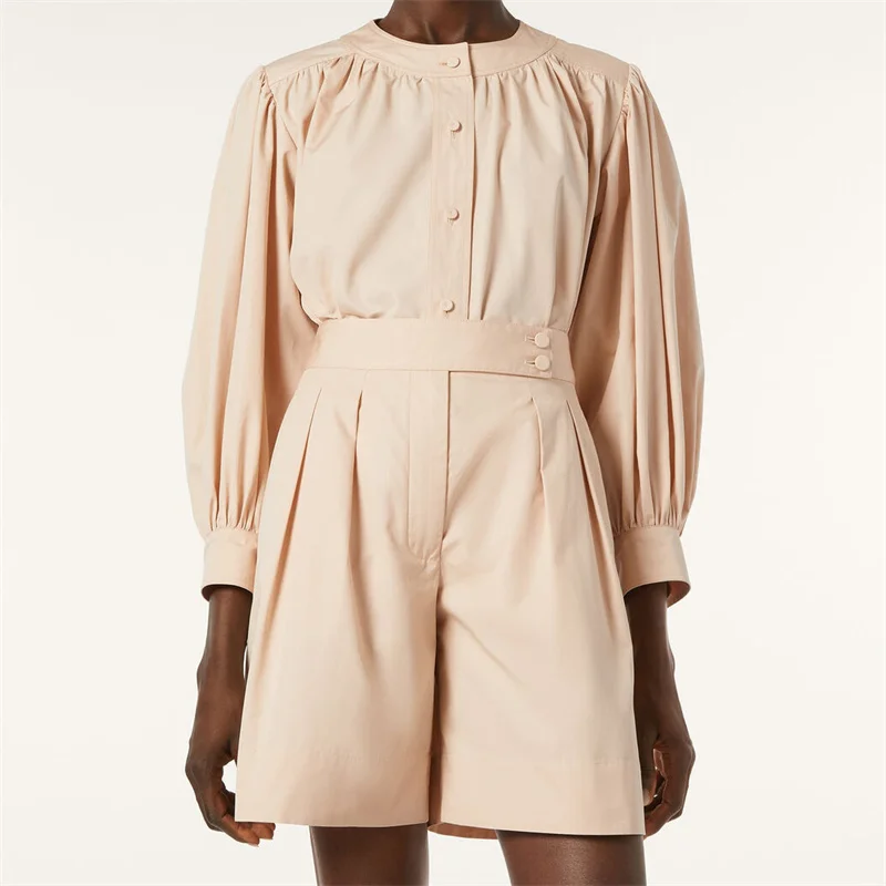 

Women's two pieces set 2025 Summer New High Quality Cotton Short Skirt Set Single breasted slim fit women's shirt pleated skirt