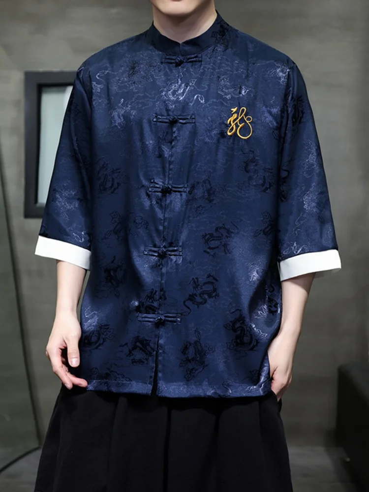 

New Chinese Sle Men's irt Ice Silk ort Sve Retro Button Tang Suit Top Improved Hanfu Thin Summer Faion Casual Wear