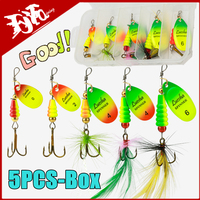 New 5PCS Fishing Lure Spinner Bait Rotating Sequins Spoon Spinner Bait Hook Hard Metal Spinner Baits Kit with Tackle Boxes Gifts