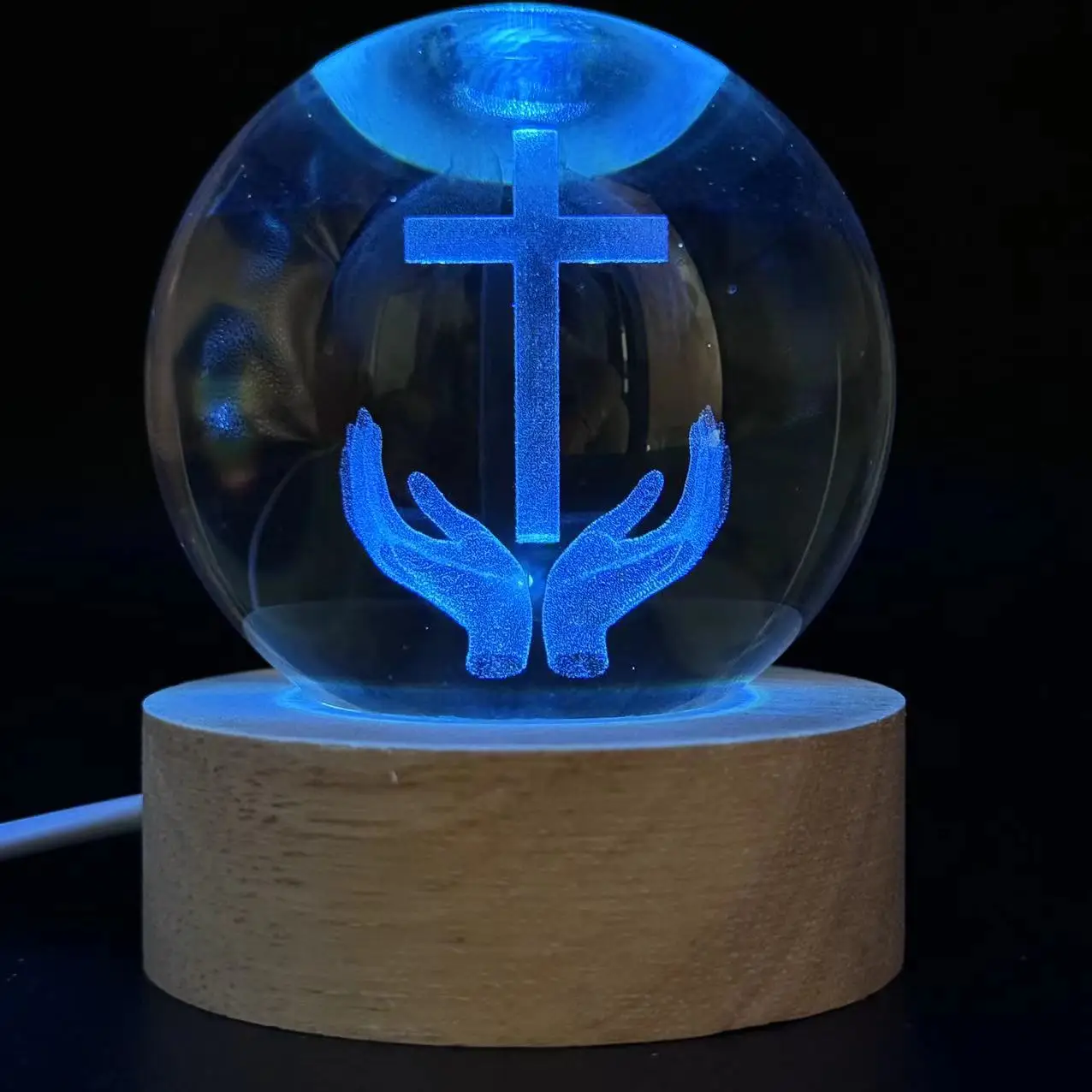 1pc,3D laser engraving hands holding the cross round ball night light, with colored light wood lamp holder, home decoration deco