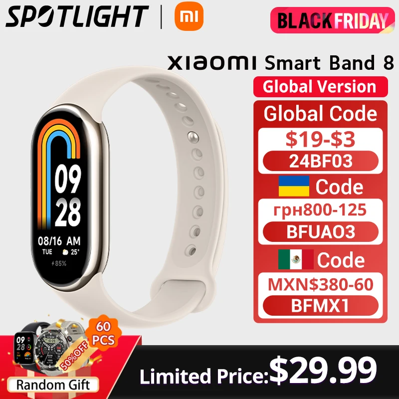 Global Version Xiaomi Smart Band 8 Blood Oxygen Monitor 1.62'' AMOLED Screen 16 Days Battery Life