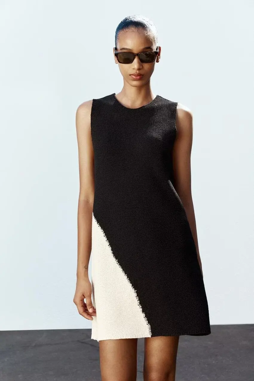 

BB6313 ZA25 Summer New Product Women's Fashion Versatile Round Neck Sleeveless Color blocked Knitted Short Dress 0234008