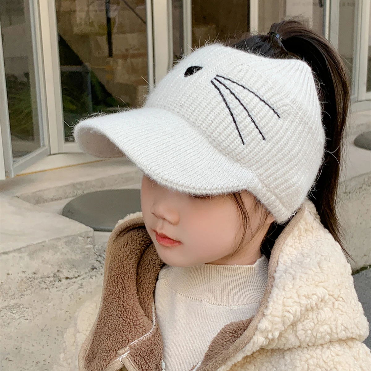 Girl\'s Hat Autumn and Winter New Knitted Warm and Cute Ear Protection Baby Thickened Wool Children\'s Empty Top Duck Tongue Hat