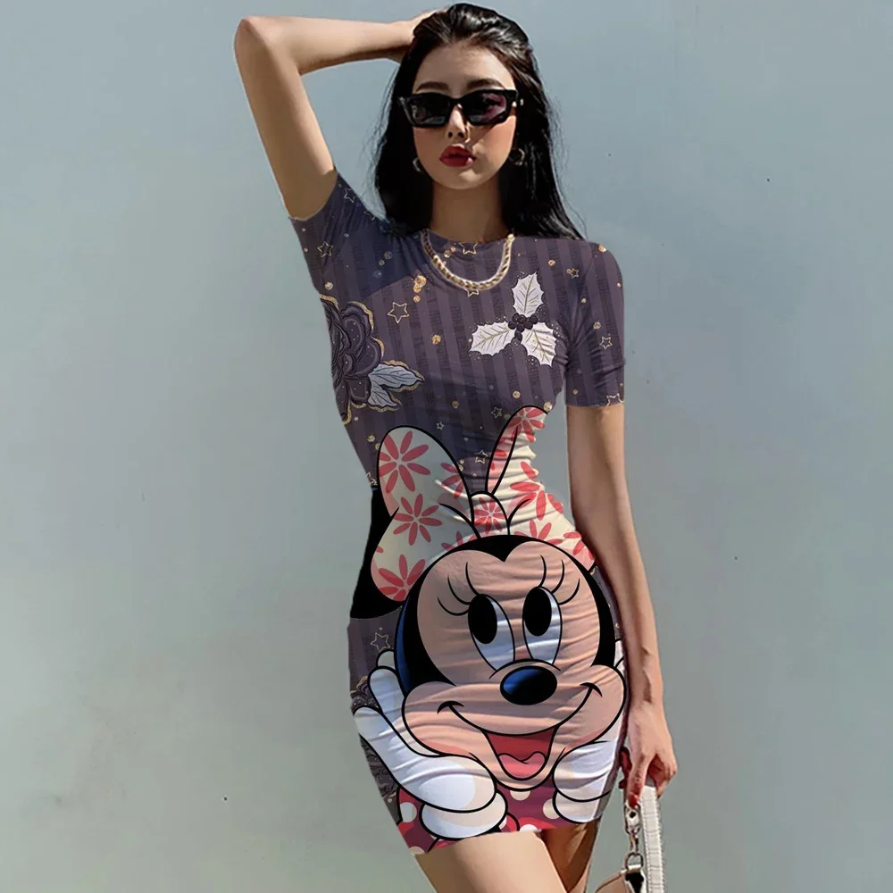 Zomer Dames Korte Mouw Bodycon Slanke Jurk Jurken Disney Minnie Mickey Mouse Luipaard Print 3d Print Sexy Club Feestjurk