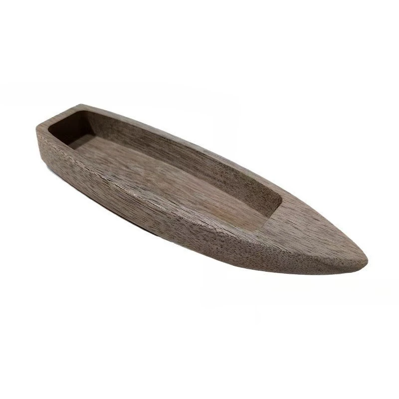 

Small wooden boat, black canoe, launching ornament, floating on the water, real toy fish pond decoration