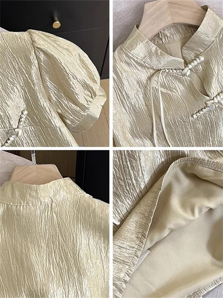 เสื้อสตรีสไตล์จีนใหม่ คอตั้ง ติดกระดุม แขนพอง ดีไซน์ฤดูร้อน