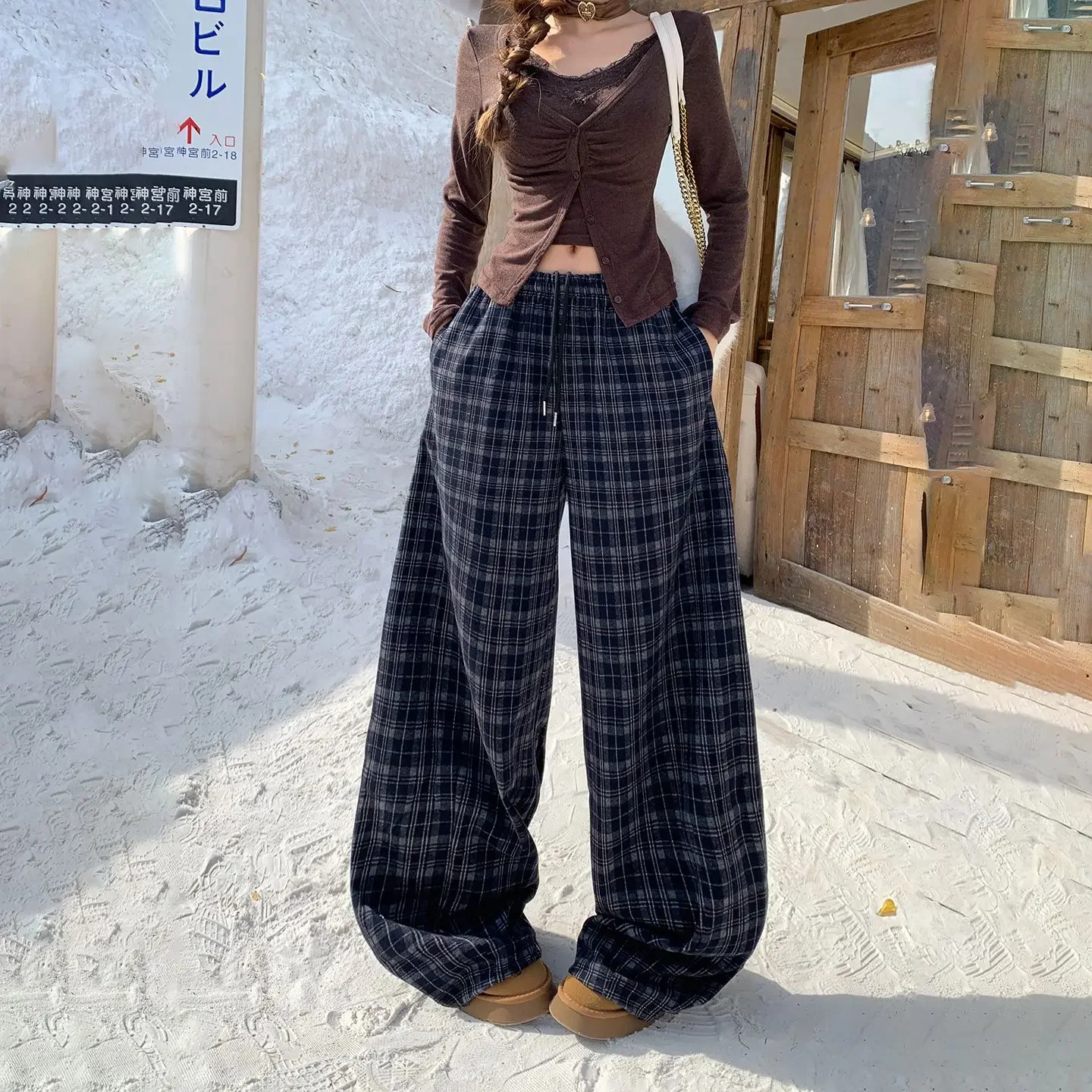 American Retro High Waist Wide Leg Pants Plaid Drawstring Drapey