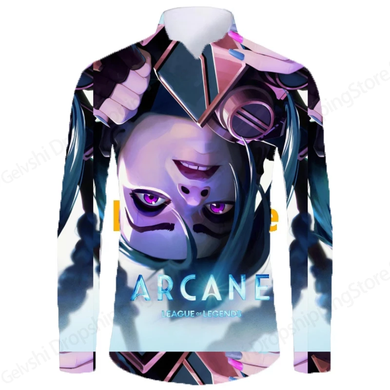 Camisa de lujo de manga larga para hombre, camisa hawaiana con estampado 3d de Anime Arcane League Jinx, camisas informales de calle para hombre y mujer, blusa para hombre