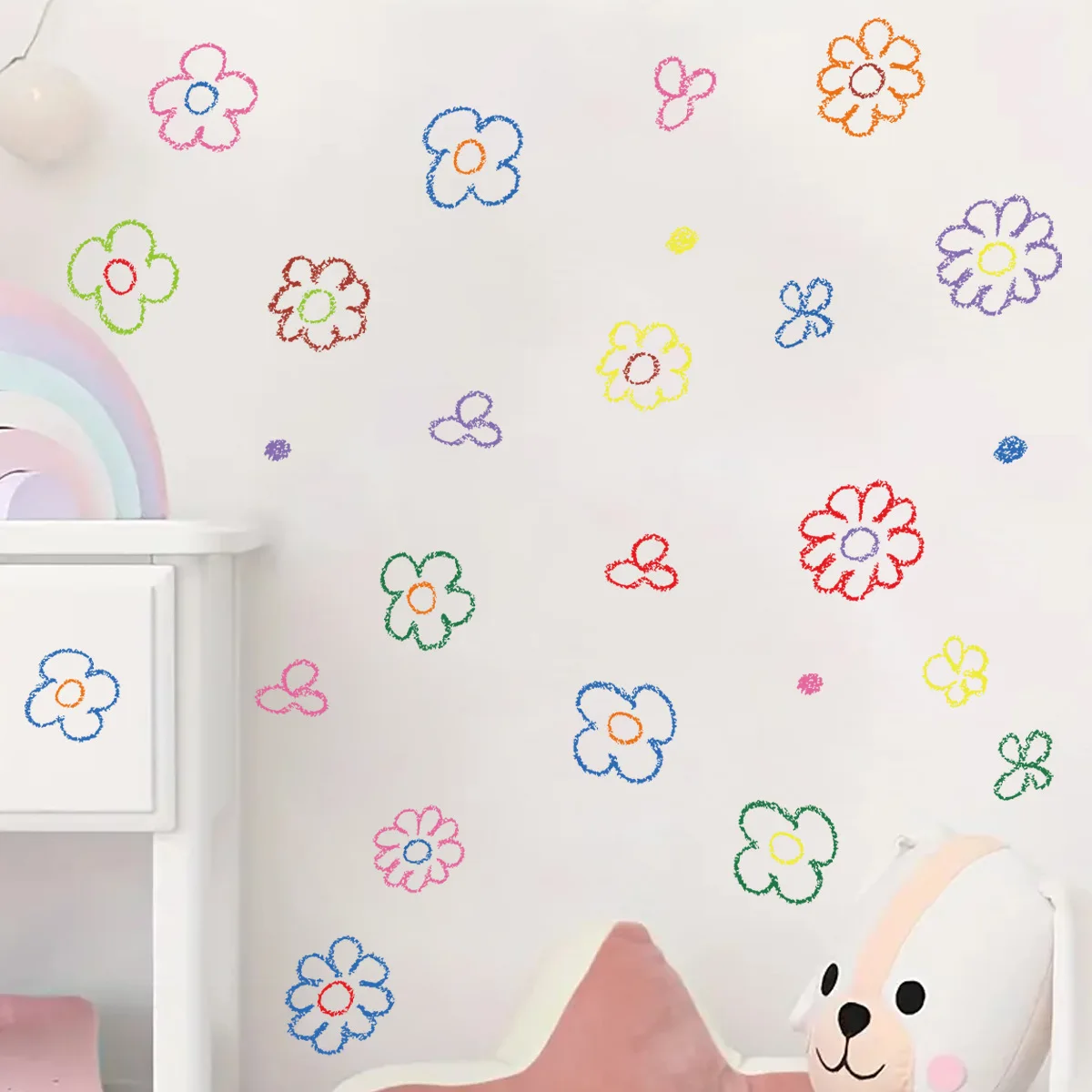 Cartoon Crayon Graffiti Colorful Flowers Wall Stickers Watercolor Daisy Decals for Kids Room Girls Room Nursery Wall Decoration