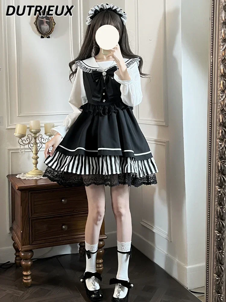 

Japanese Mine Black Vest Skirt Suit High Waist Lace Short Black Dress and Navy Collar Shirt Long-sleeved Top Two Piece Set