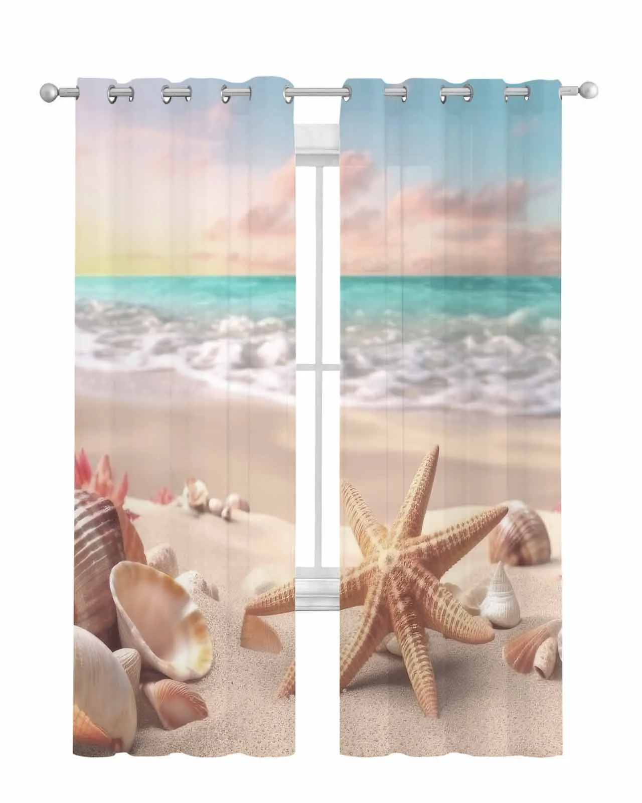 Summer Beach Starfish Shells Waves Sheer Window Curtains Bedroom Living Room Tulle Curtains Voile Drapes for Kitchen