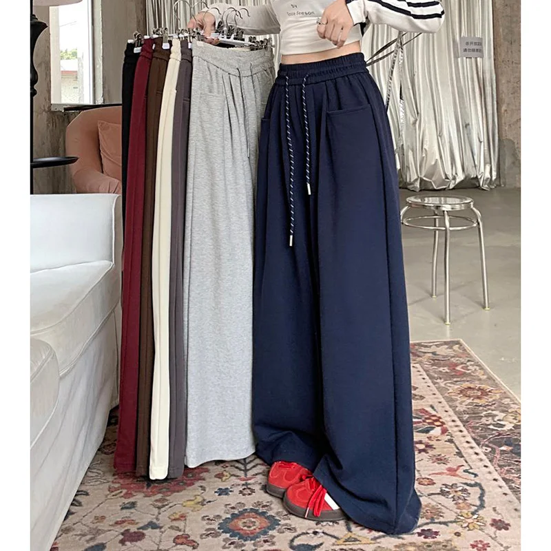 New Streetwear Girls High Waist Pants Female Casual Baggy Straight Leg Trousers Women Fashion Solid Color Drawstring Pants