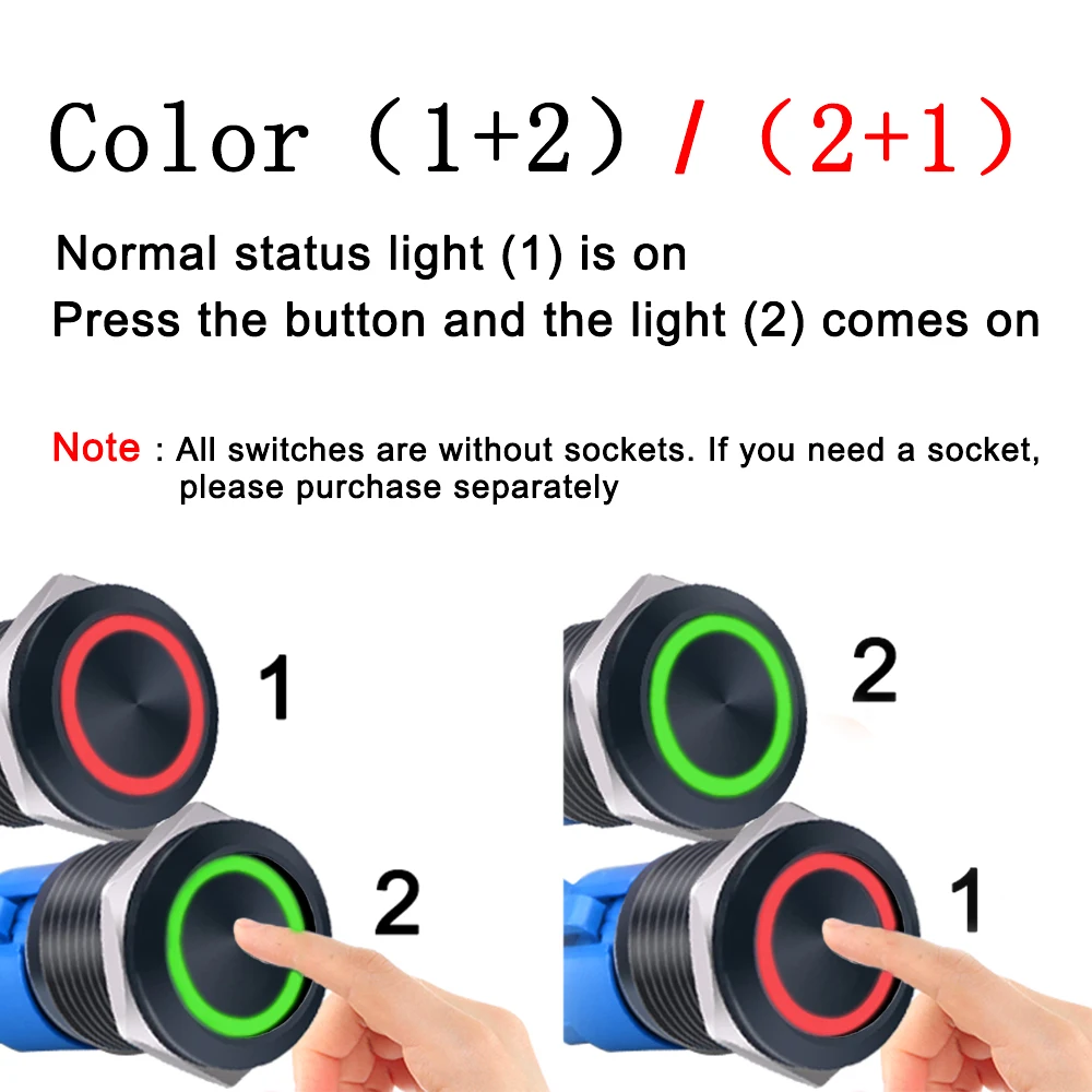 16/19/22mm Two Color Waterproof Metal Push Button Switch LED Light Momentary Latching Car Engine Switch 5V 12V 24V 220V Red Blue