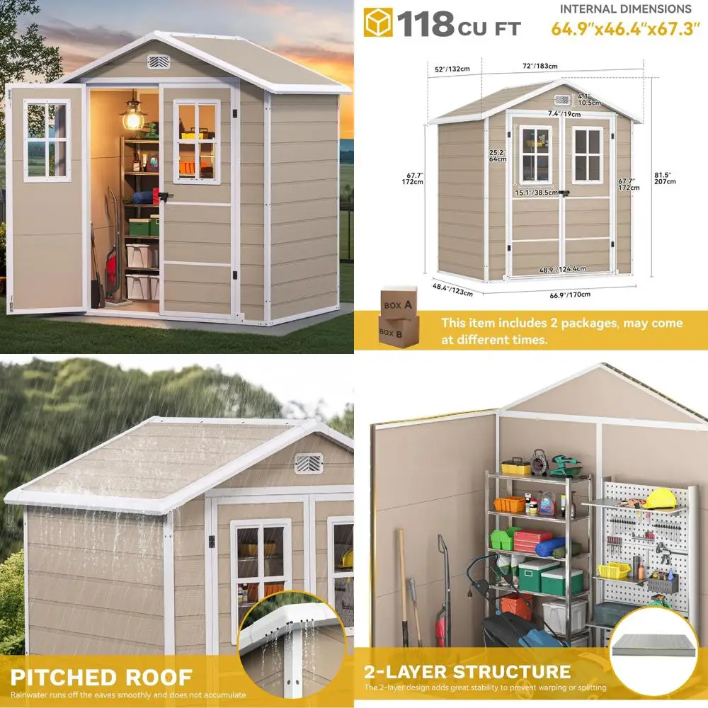 

6x4,4 пластиковый навес для хранения на открытом воздухе с двойными стенками и двумя окнами для садовых инструментов и газонокосилки