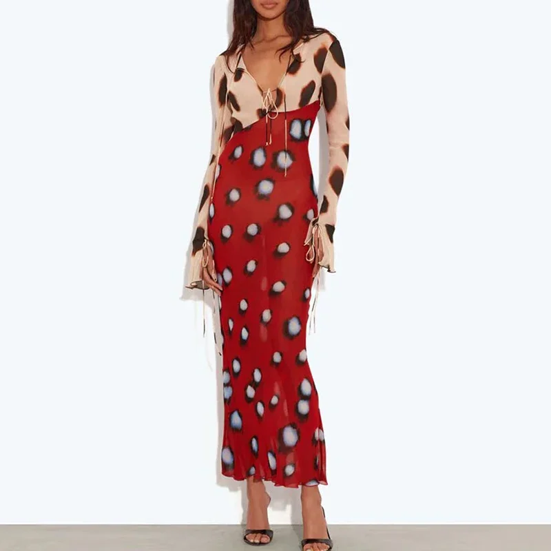 V Neck Lace Up Women's Casual Dress New Thin Mesh Spring Summer Dress Polka Dot Print Flared Sleeves Slim Fit Yacht Party Dress