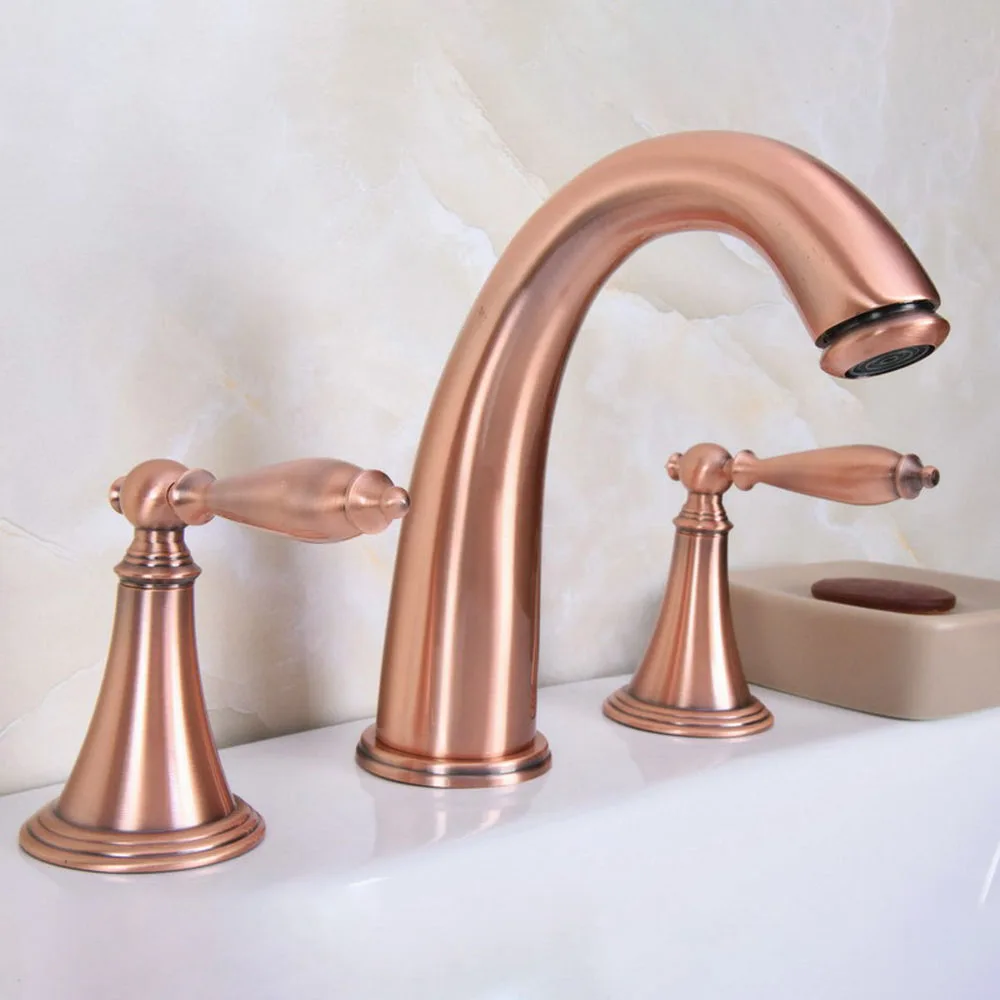 

Antique Red Copper 3 Holes Double Handle Bathroom Sink Faucet Bathbasin Bathtub Taps Hot Cold Mixer Water Nrg066