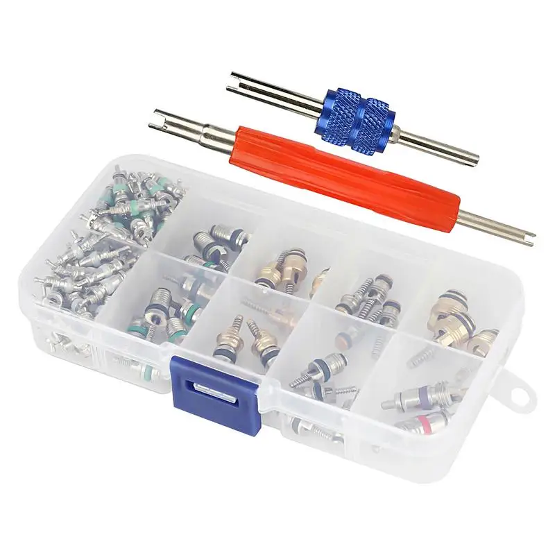 Refrigeration Valve Cores 102pcs Core Valve Refrigeration Kit AC Refrigeration Valve Stem With Double Head Remover Tool