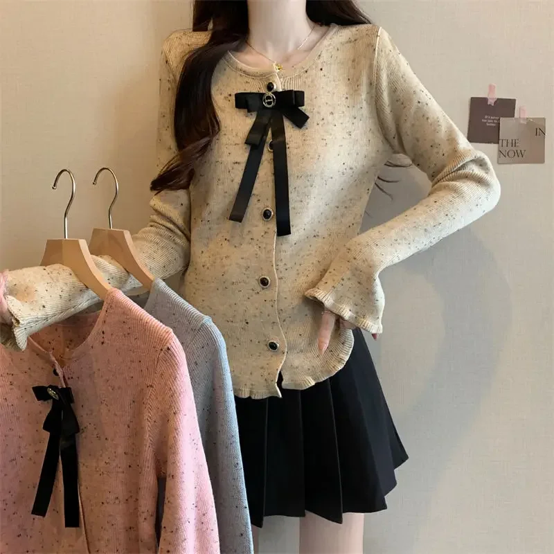 Small Fragrance Style Bow-eared Short Design Slim Round Neck Flared Sleeve Knitted Sweater