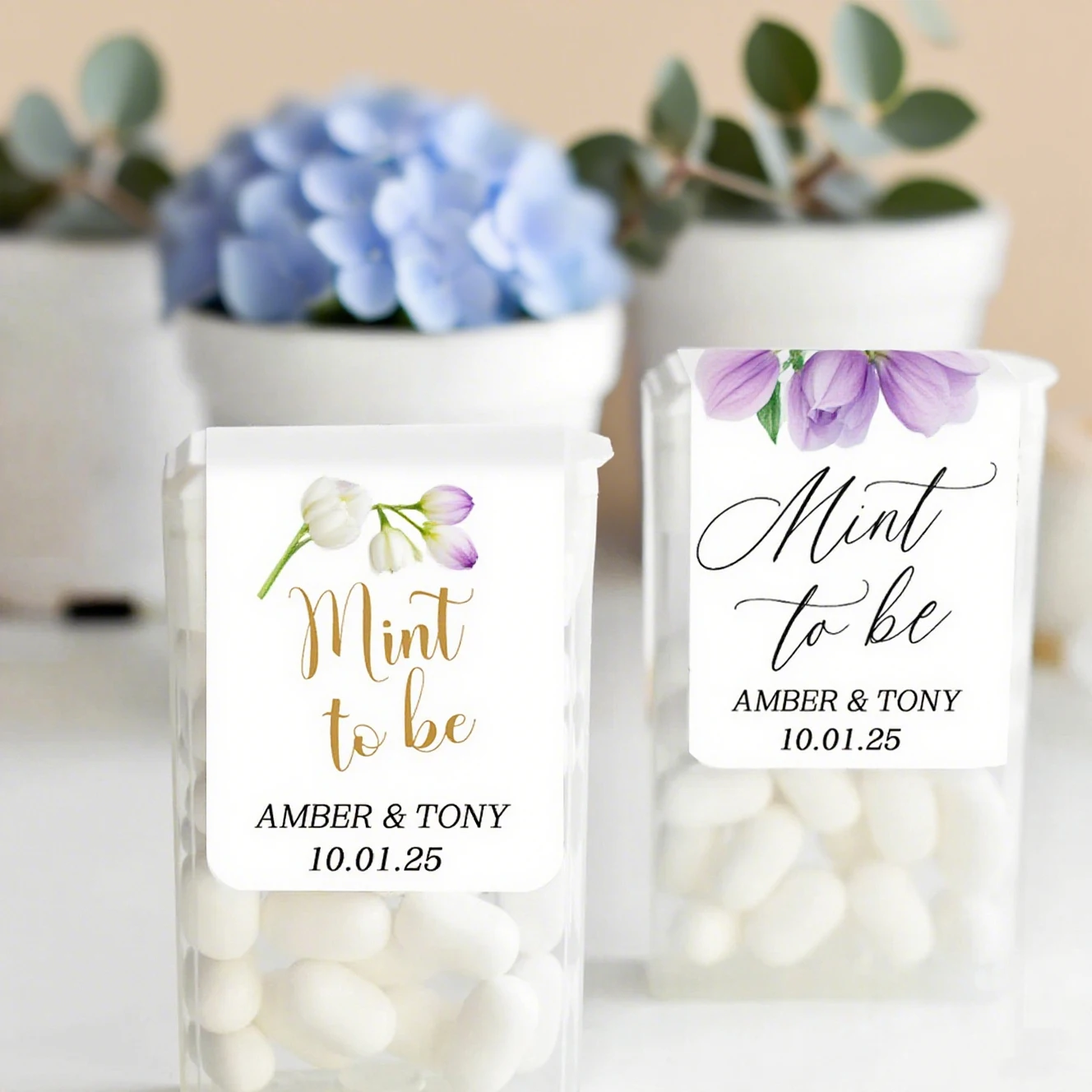 Personalisierte Eukalyptus Mint Box Hochzeitsdekorationen Aufkleber, individuelle Braut & Bräutigam Name Hochzeit Datum Mint Box Süßigkeiten Etiketten