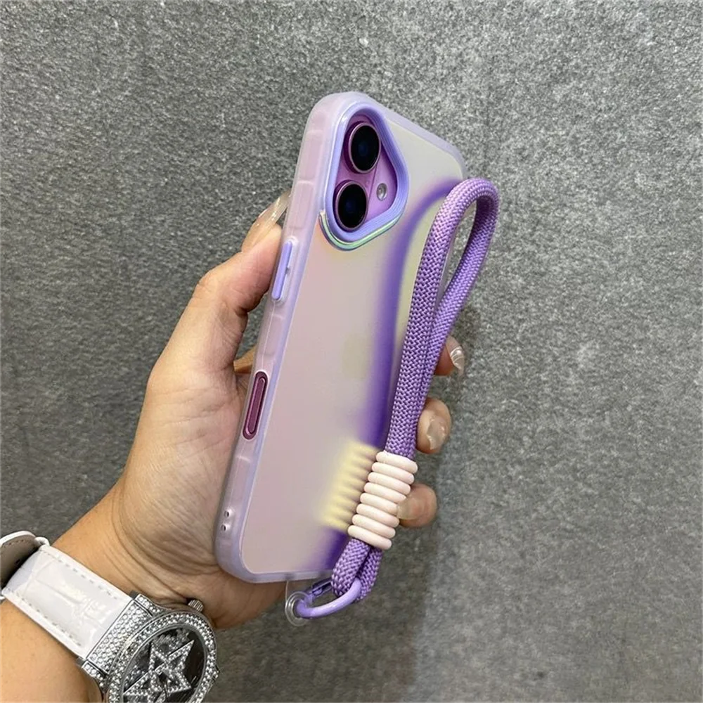 Luxury Lanyard Wrist Strap Aurora Laser Case For iPhone 16 15 14 13 12 11 Pro XS Max X XR 7 8 Plus SE Matte Gradient Chain Cover