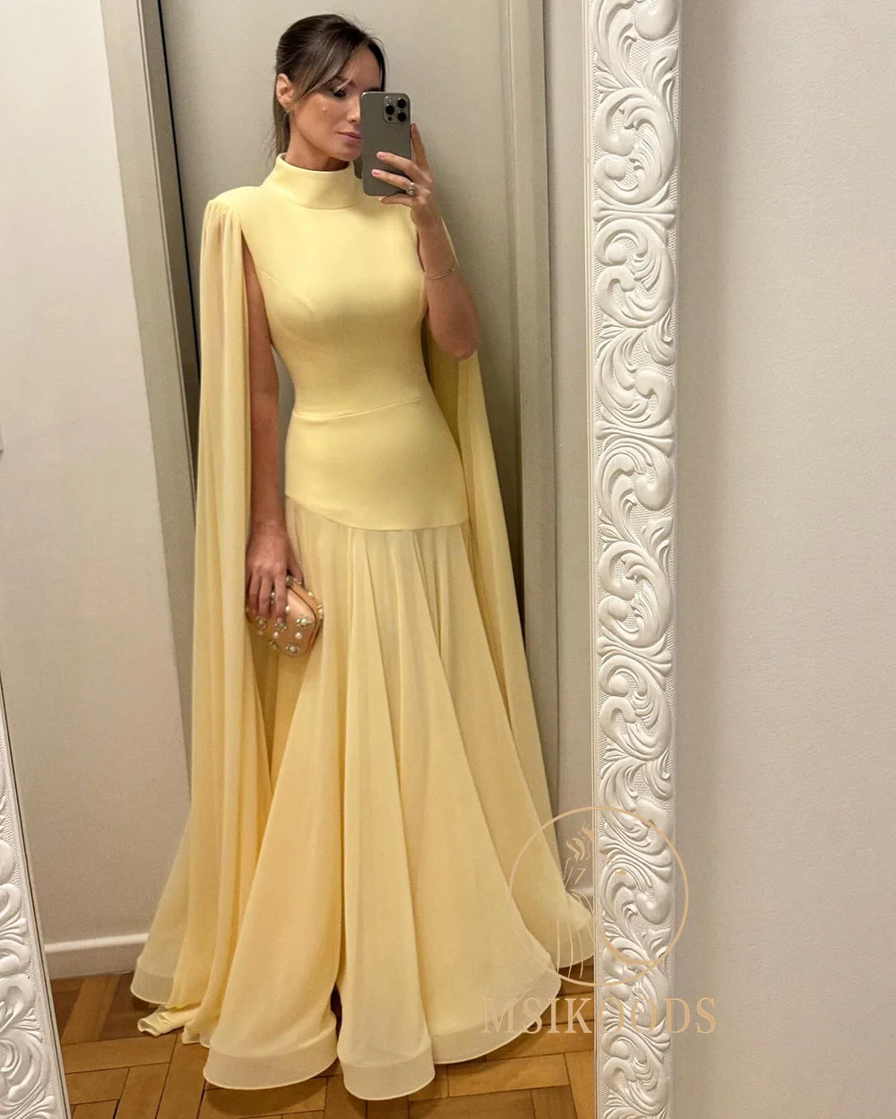 Msikoods Yellow Mermaid Prom Dresses High Neck Cape Sleeve Formal Evening Gowns Bridesmaids Dress Guest Party Dress Customizd