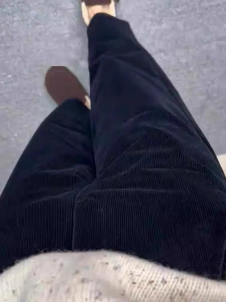 

High Waist Straight Leg Corduroy Pants Women's Autumn Winter Warm Simple Style Nine Points Casual Trousers Dark Blue