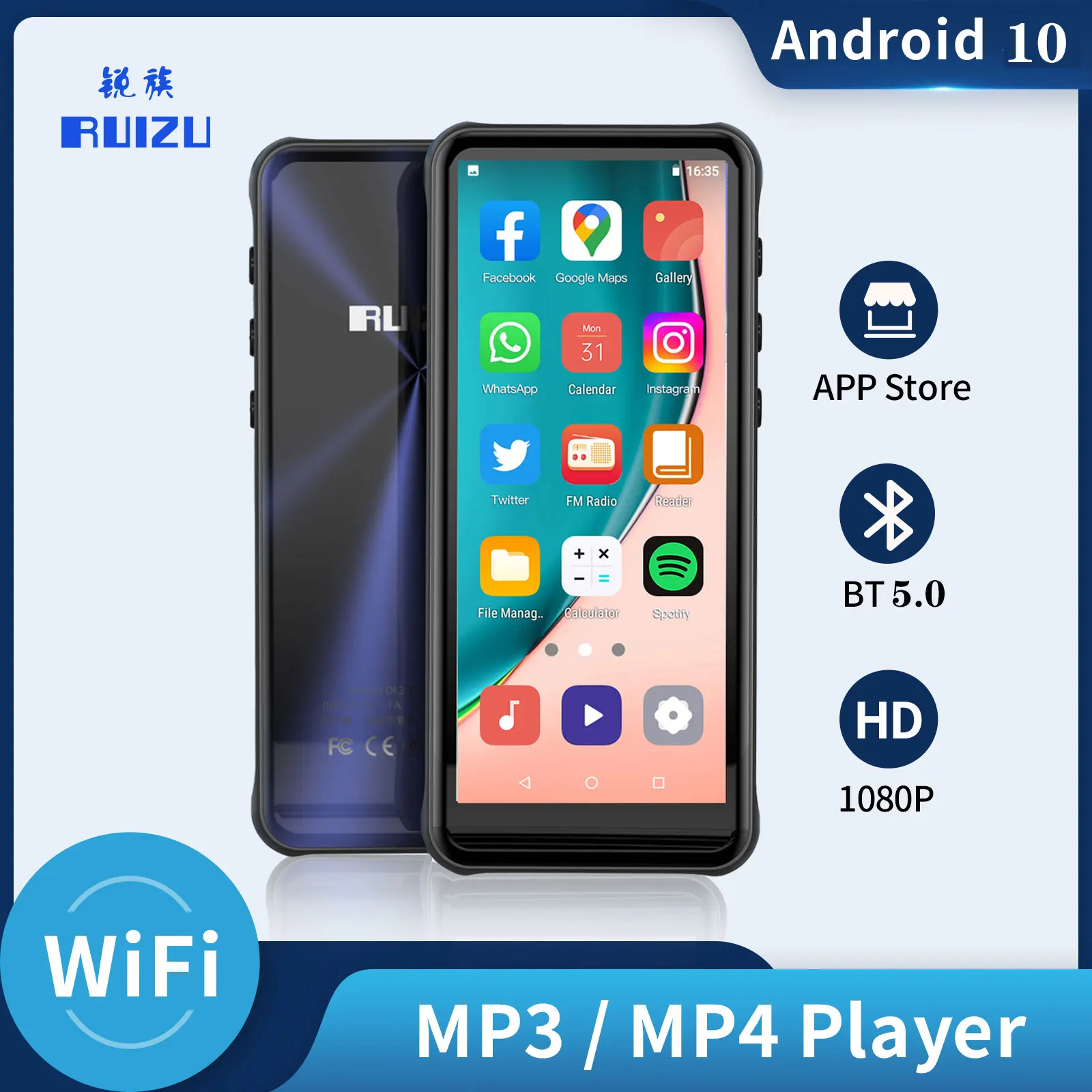 נגן מוזיקה RUIZU Z80 Android WiFi MP4 MP3 עם Bluetooth 5 מסך מגע מלא 16GB סאונד HiFi Walkman תומך בהורדת אפליקציה