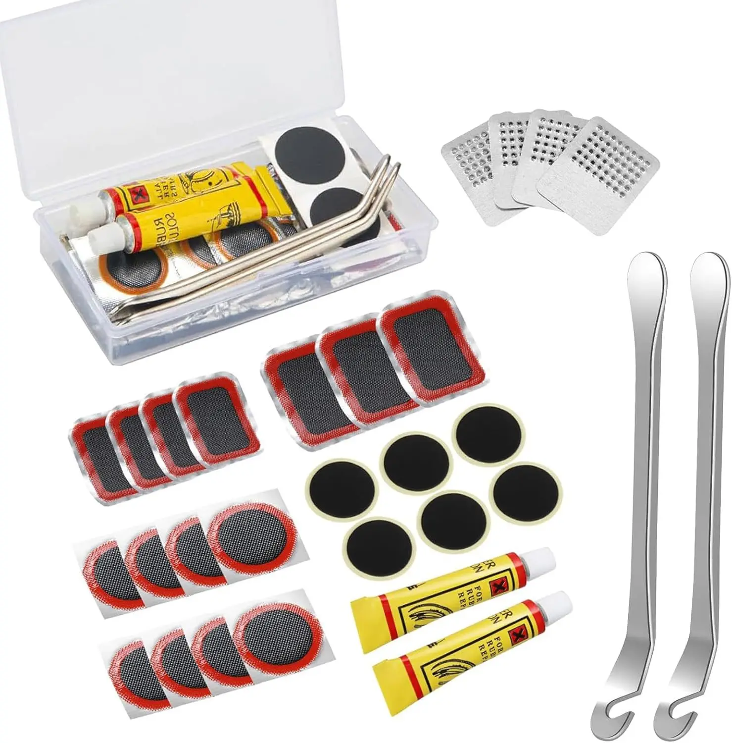 Bike Tire Repair Kit - Essential Tool for Cyclists with Patches, Metal Rasps, Tire Levers & Glue for On-the-Go Repairs