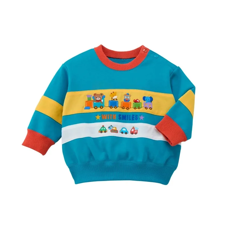 New Color-Block Kids Sweatshirts for Boys & Girls Cartoon Bear Rabbit Train Embroidery Pure Cotton High-Quality Comfortable Tops