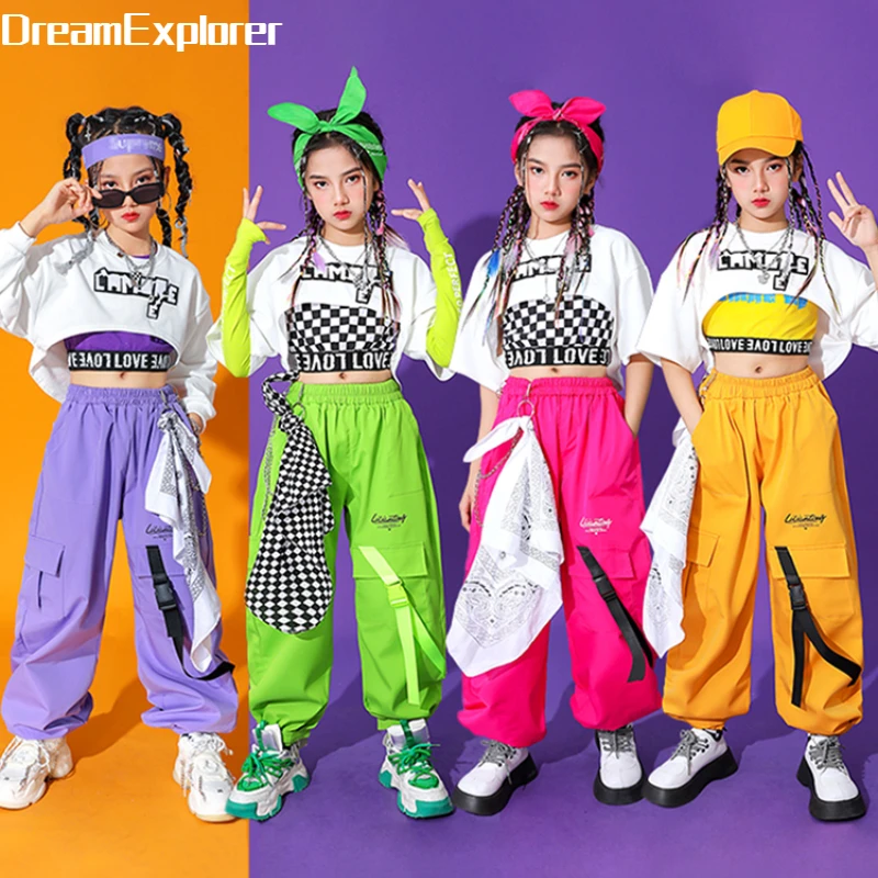 Girls Hip Hop T-shirt Solid Cargo Pants Child Summer Short Sleeve Crop Top Street Dance Joggers Streetwear Kids Jazz Clothes Set