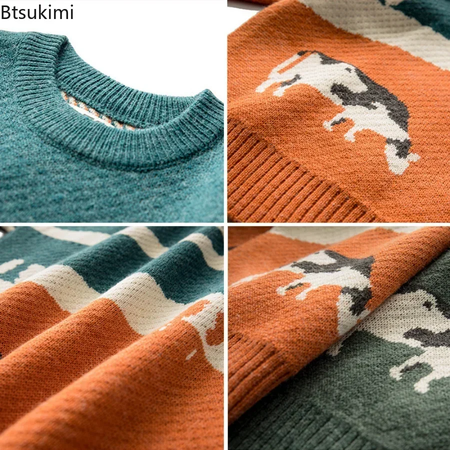 New 2024 Autumn Winter Men Cows Vintage Sweaters Pullover Mens O-Neck Korean Fashions Sweater Casual Harajuku Clothes Knitted