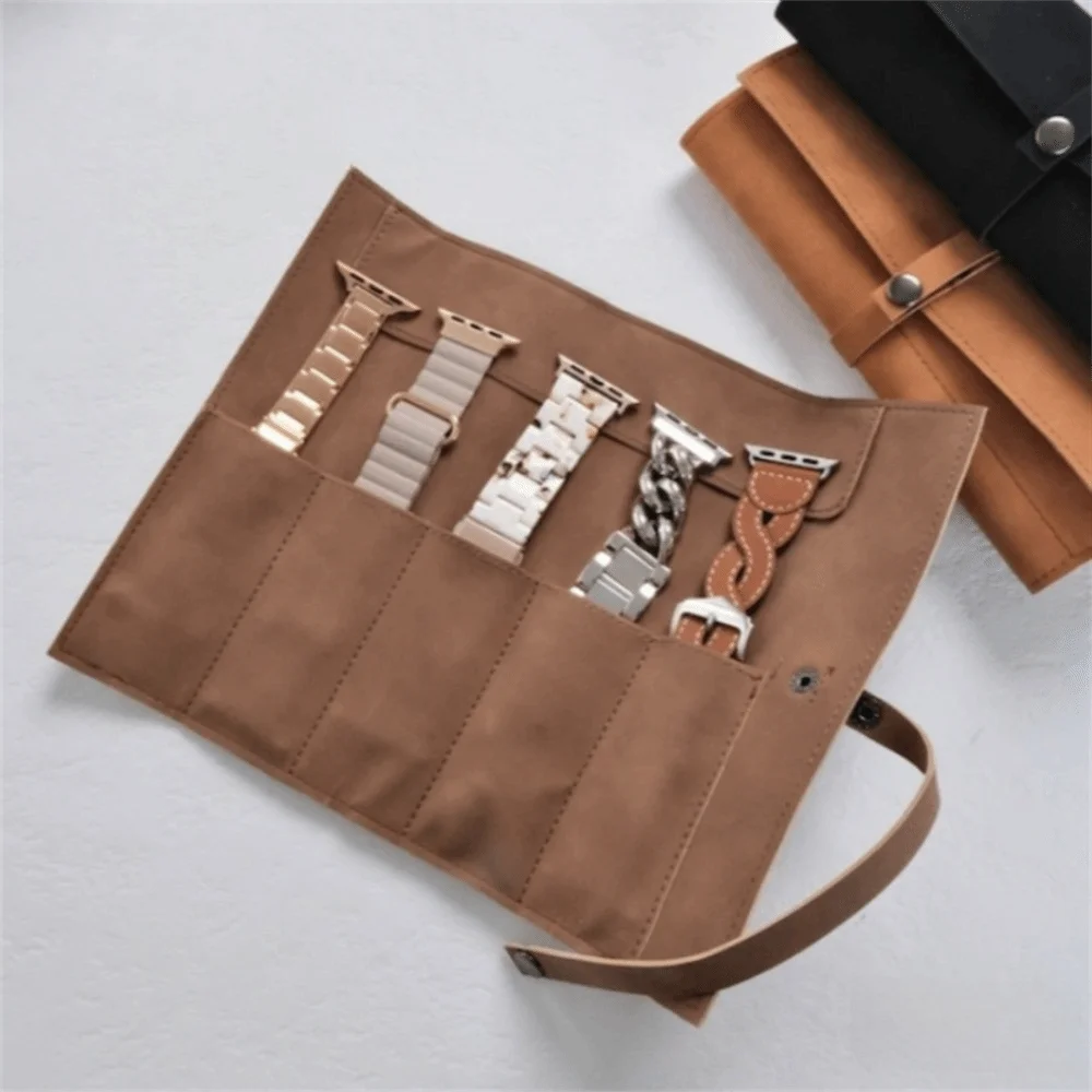 PU Watch Band Roll Organizer Snap-On Dustproof Watch Strap Storage Bag 5 Slots Portable Watch Storage Bag Travel Case