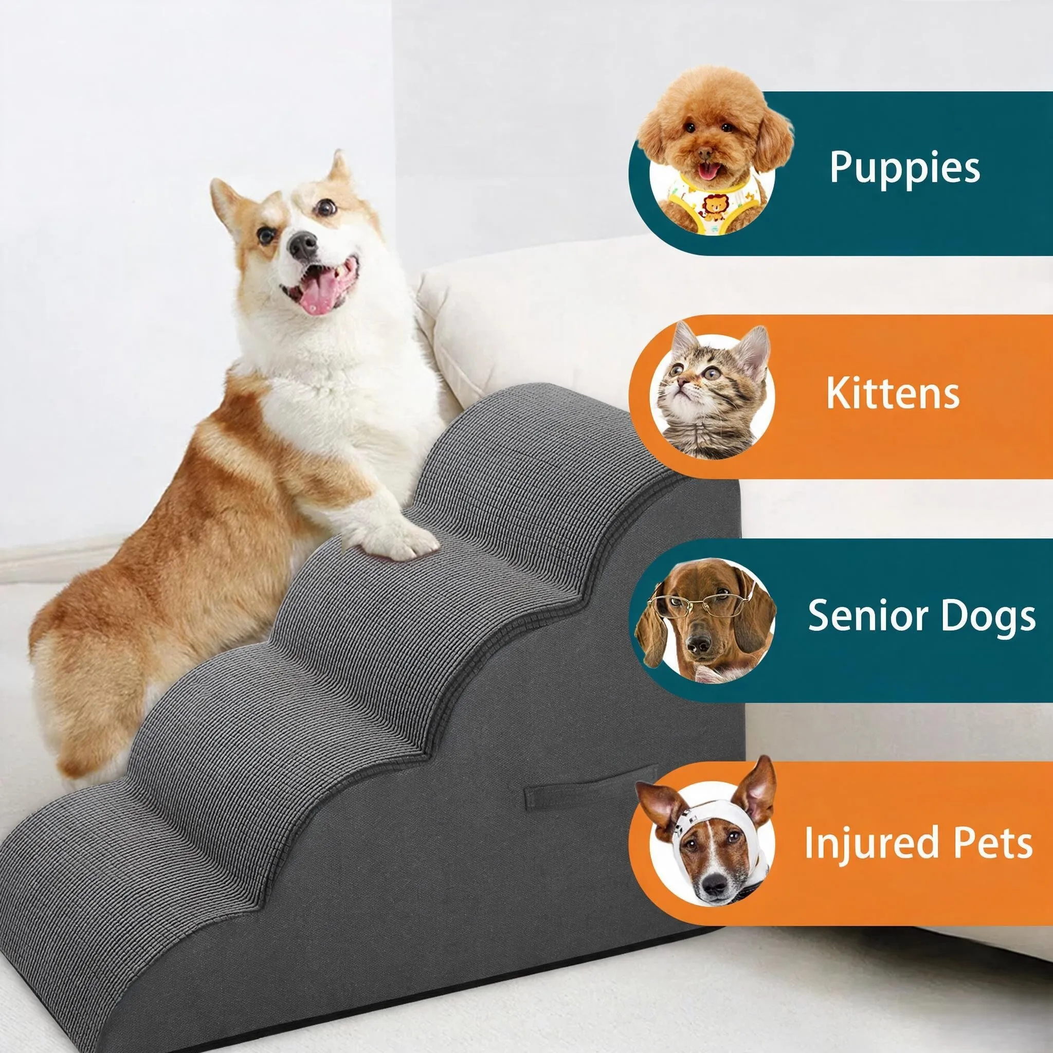 2/3/4 Dog Stairs Puppy Step with Gentle Slope for Older Dogs Joint Protection Access to High Beds Detachable and Washable