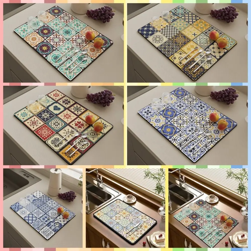 Baroque Moroccan Style Pattern Dish Drying Mat Tableware Placemat Anti-slip Absorbent Cup Bottle Drain Mat Tableware Mat