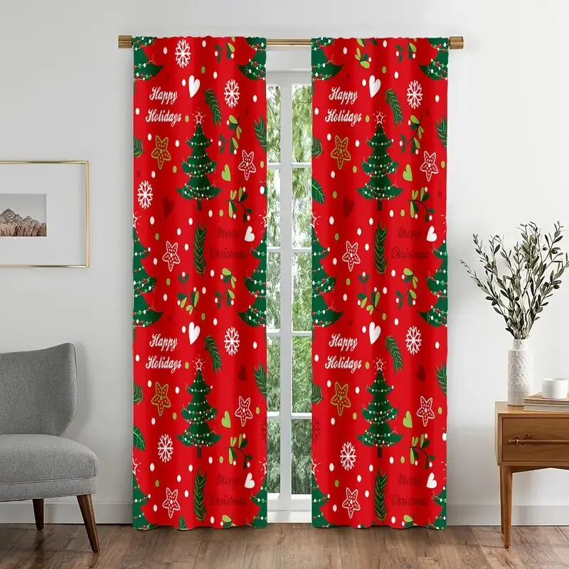 2 pieces - red Christmas tree and snowflake print curtains, pole bag curtains, home decoration, room decoration