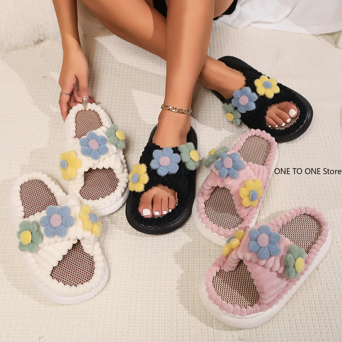 

Wholesale Winter New Women Home Slippers Open-Toe Cross Band Linen Soled Indoor Slides Linen Soled Non-Slip Bathroom Slippers