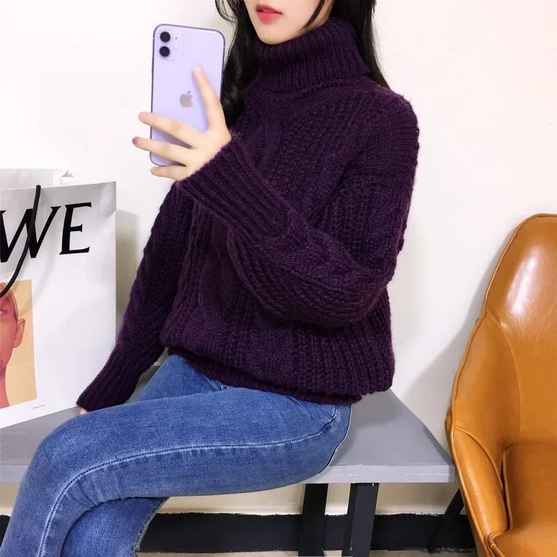 ゆったりとした厚手のウールのレイジーなスタイルの厚手のセーター、女性用、新しいレトロなタートルネックベースシャツ、ランタンスリーブ