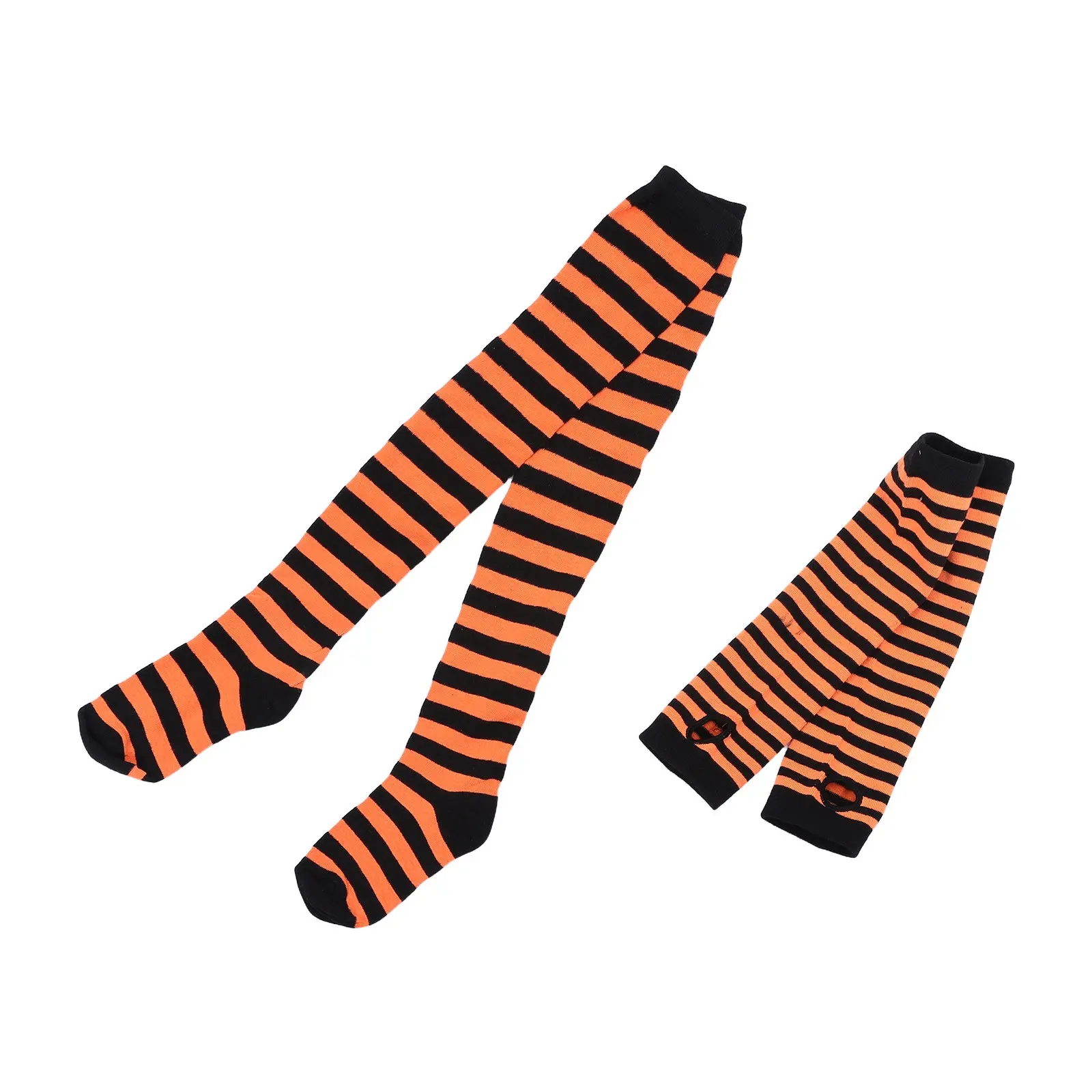 1Set Halloween Over The Knee Socks Long Striped Orange Black Thigh High Stockings Fingerless Gloves Costume for Women Girls