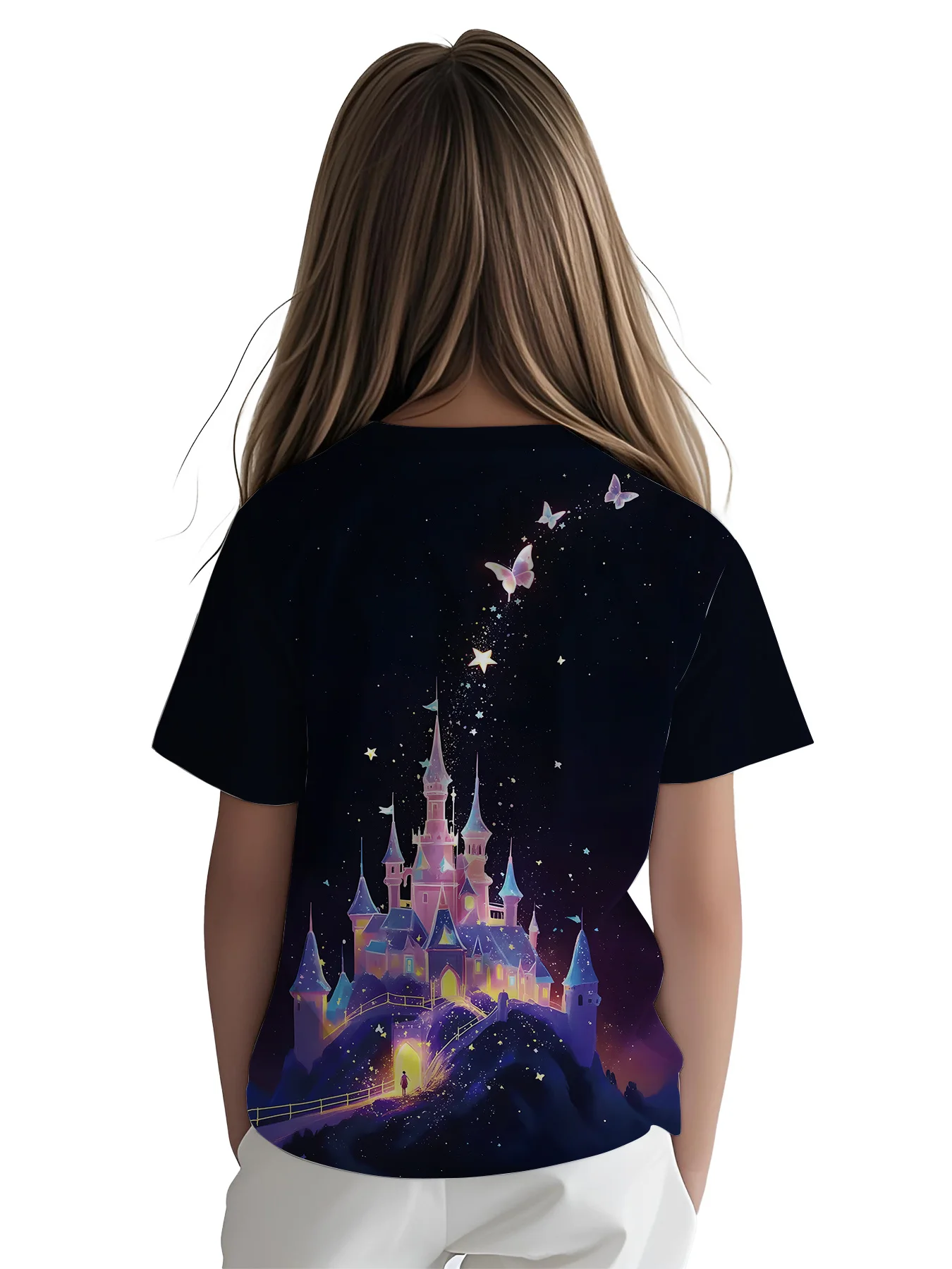 Magical Fairy Castle Print Girls T-Shirt, Night Sky Star Butterfly Crew Neck Short Sleeve Toddler Top