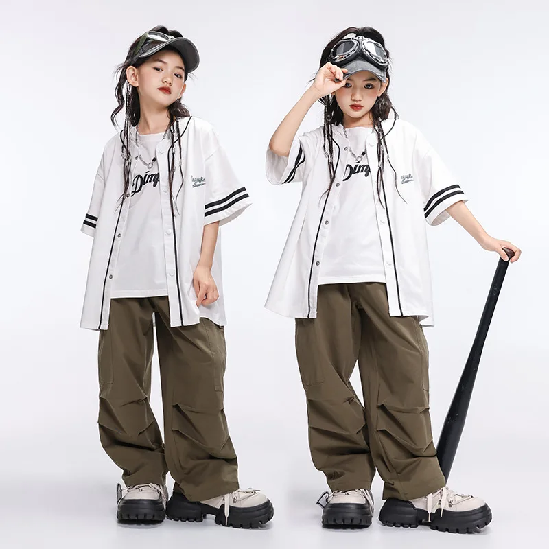 

Girls Kpop Hip Hop White Baseball Cardigan Shirt Casual Streetwear Jogger Pants Group Jazz Dance Costume Stage Dance Clothes Set