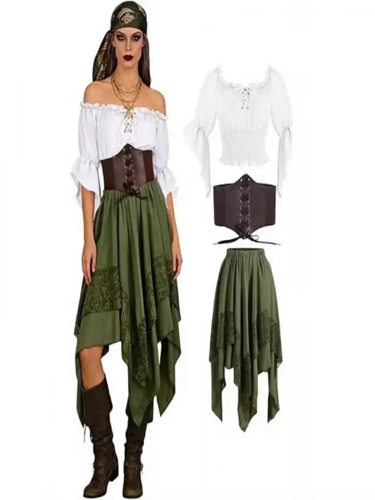 3 STKS Vrouwen Piratenrok Renaissance Spelled Jurk Puntige Asymmetrische Fee Piratenkostuum Middeleeuwse Boer Top Halloween Set - afbeelding 2