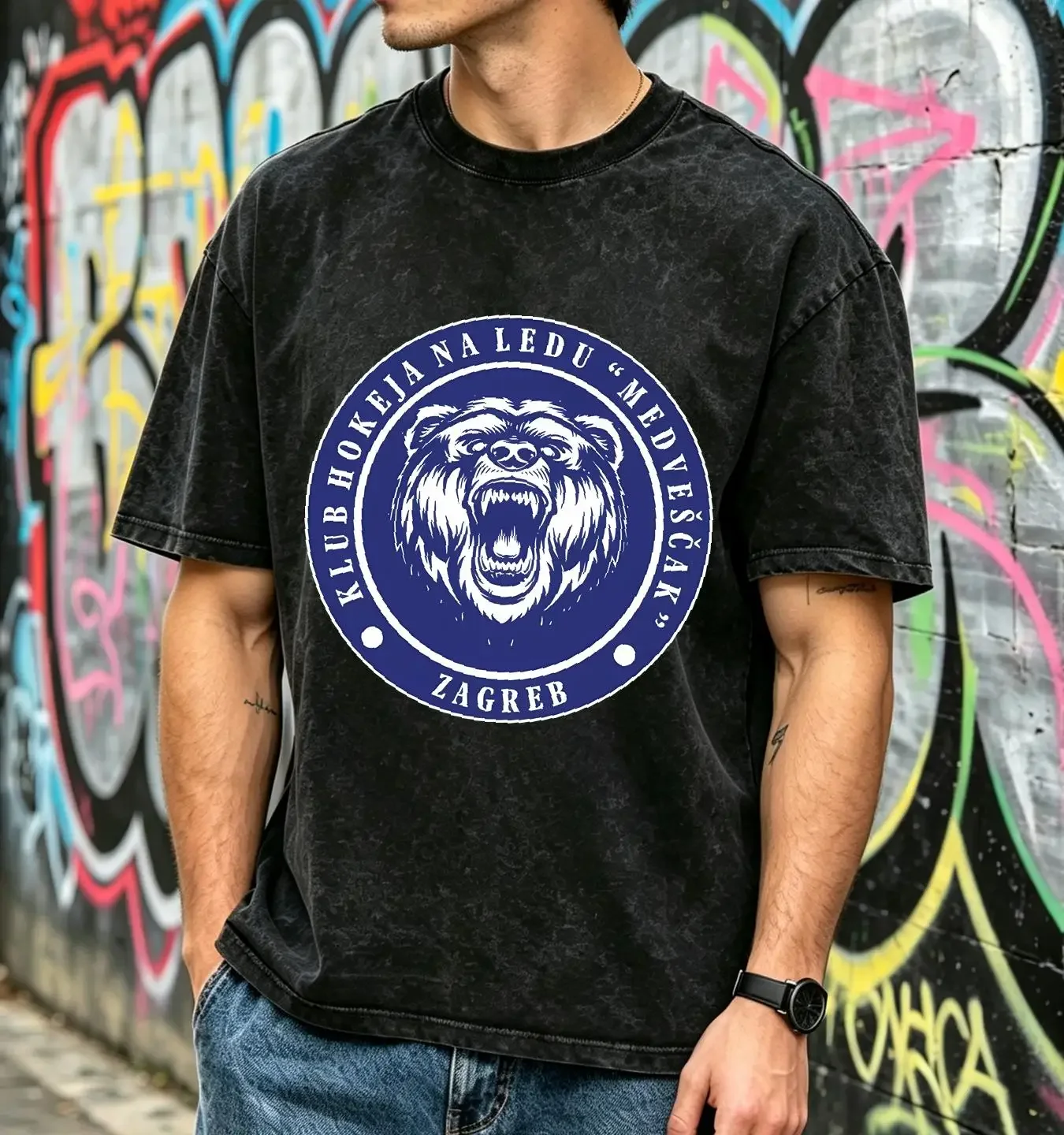 washed T Shirt KHL Medveščak Zagreb Professional Hockey Men's vintage Washed Slightly graphic Versatile Stretched