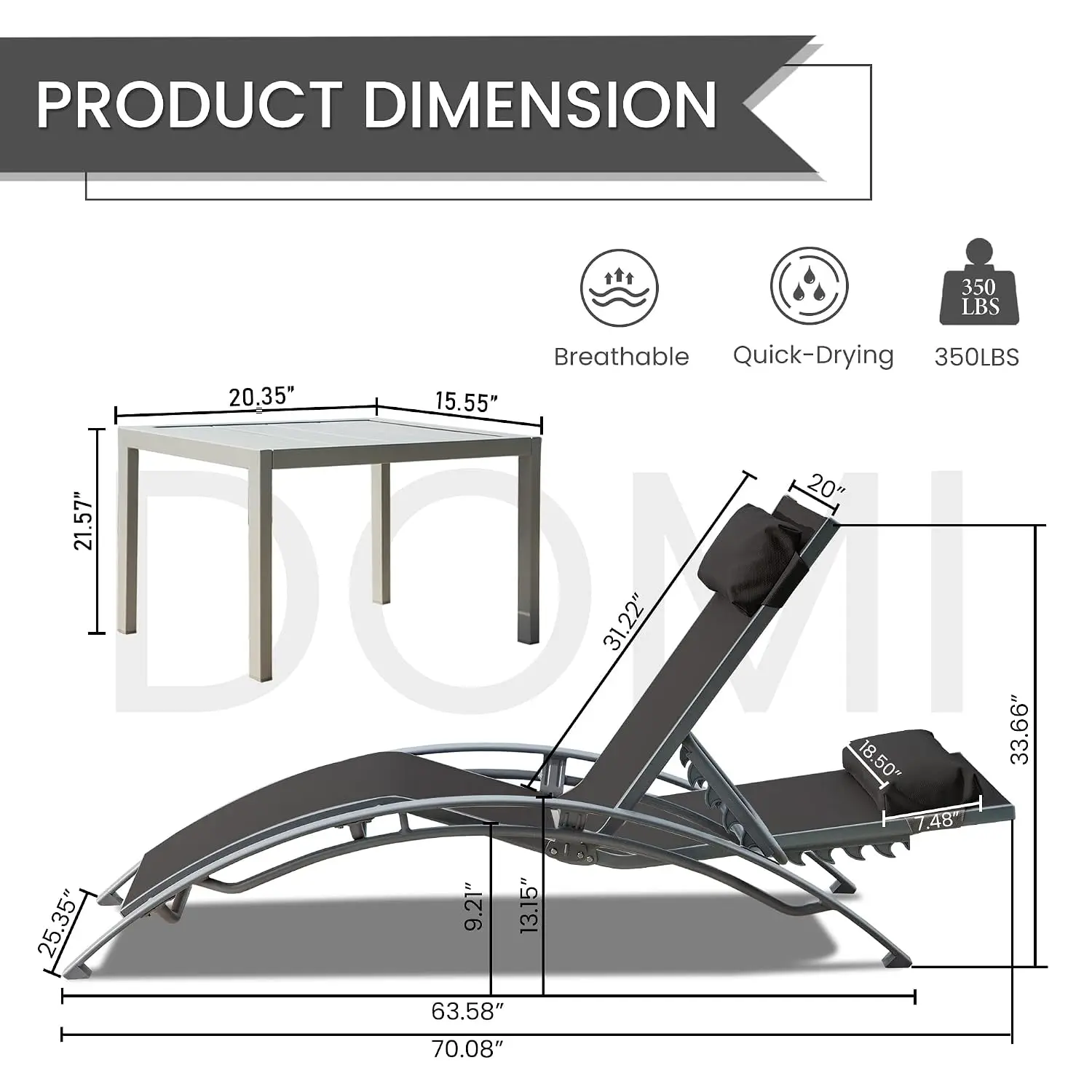 Aluminum Outdoor Lounge Chair Set 3-Piece with 5 Adjustable Positions & Side Table for Pool Garden Beach, Dark Gray, Customized