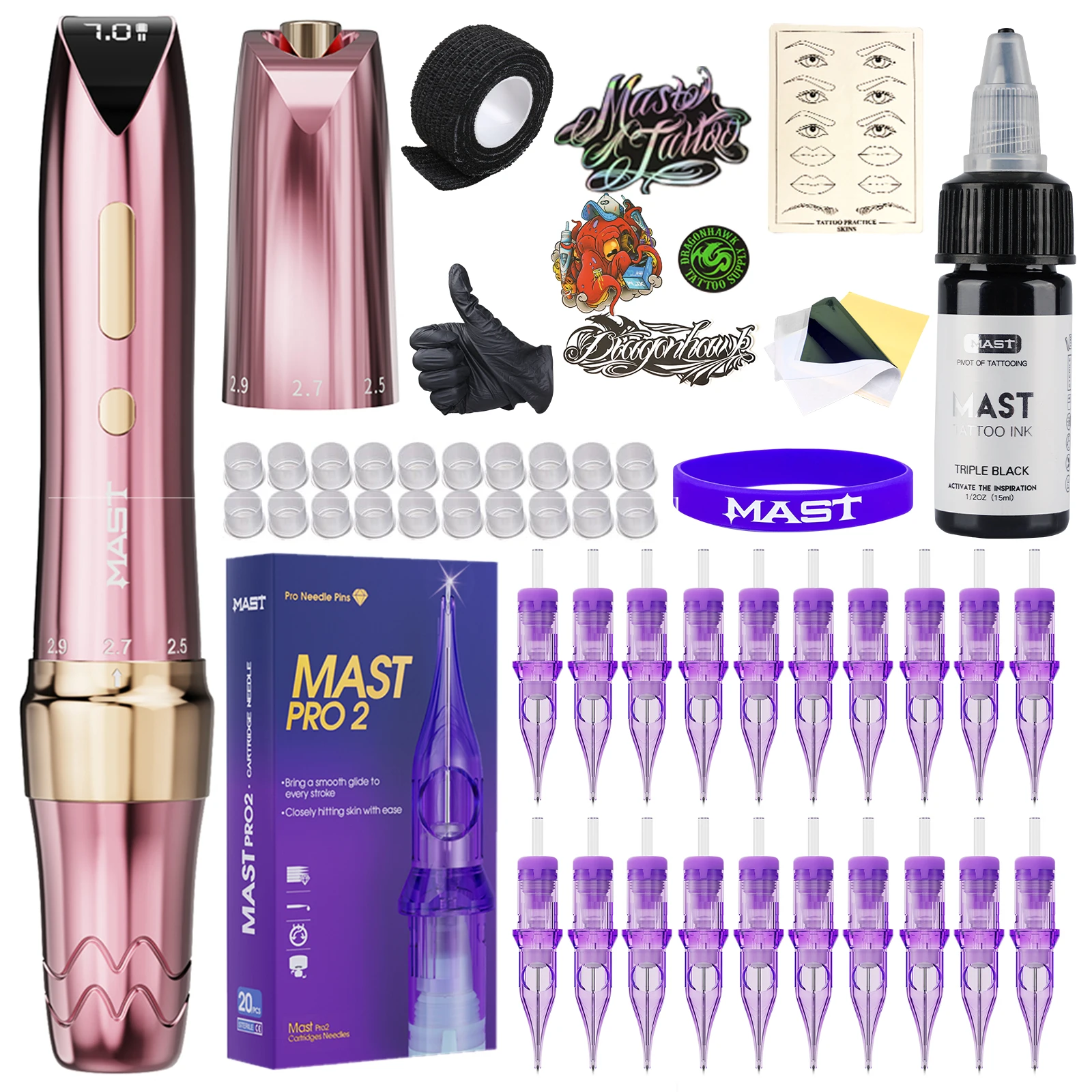 Mast P60 Machine voor Permanent Make-up Volledig met Kit Draadloos Batterij Pen 2,2 mm - 3,2 mm 5 Slagen Draagbaar Licht met 20 Professionele Naalden